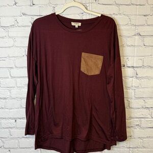 Umgee Burgundy Long Sleeve Pocket Top Oversized Fit Size L